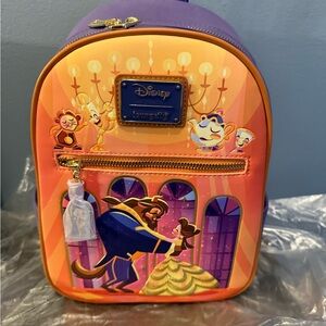 Loungefly Beauty and the Beast Mini Backpack - Purple & Orange with Gold Accents